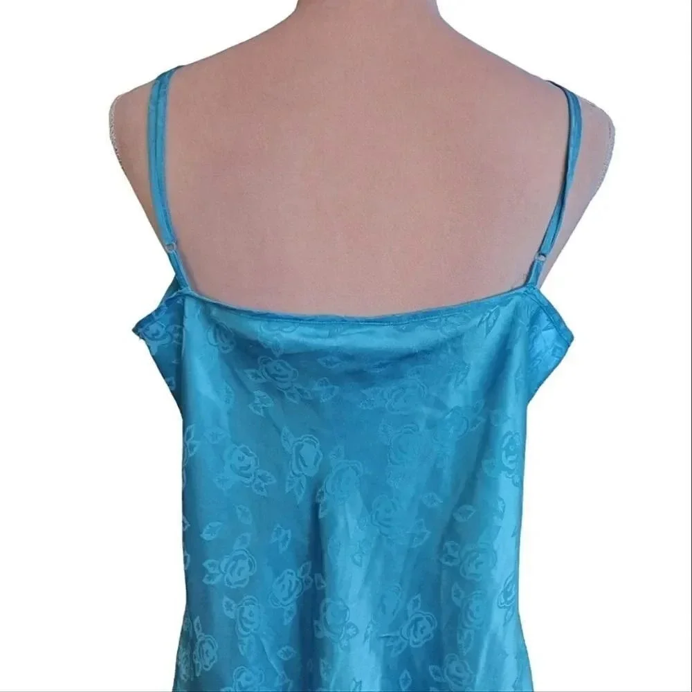 VTG 80s Teal Satin Floral Embroidered Detail Mini Slip Dress Chemise‎ XL Festie - Picture 11 of 14